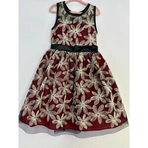 Sweet Kids Girls Red Gold Embroidered Midi Dress Sz 6 USA Formal Holidays